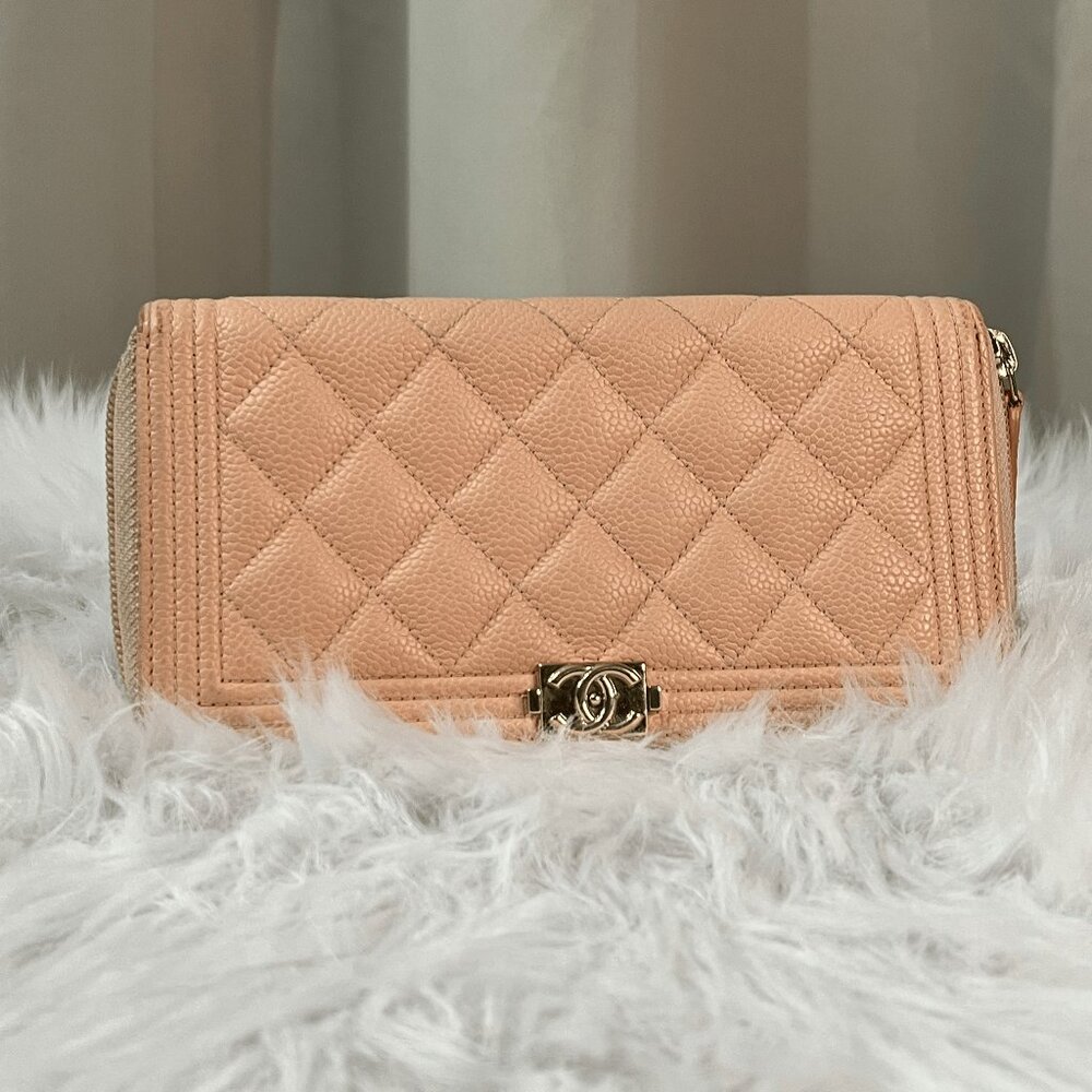 2019 PreOwned Authentic CHANEL Boy Caviar Quilted Long Zip Around Wallet